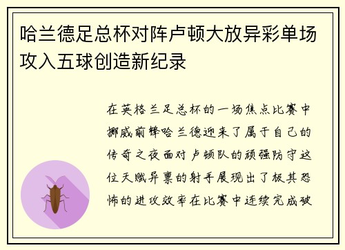 哈兰德足总杯对阵卢顿大放异彩单场攻入五球创造新纪录 哈兰德足总杯对阵卢顿大放异彩单场攻入五球创造新纪录
